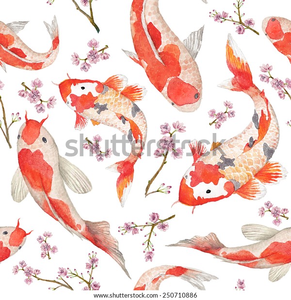 Watercolor oriental pattern with\
rainbow carps. Seamless oriental texture with isolated hand drawn\
fishes and blossom cherry. Asian natural background in\
vector