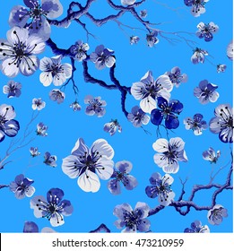 Patrón oriental de acuarela con rama sakura. Textura oriental sin inconvenientes con la flor de cerezo dibujada a mano. Antecedentes naturales asiáticos en vectores