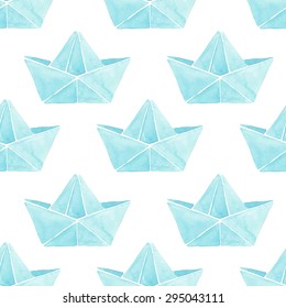 Watercolor origami paper boat seamless pattern