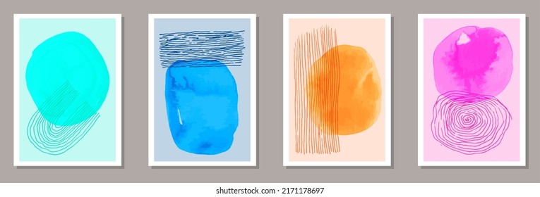 Colección vectorial de afiches originales de acuarela. Acuarela oscila fondo. marcos de estilo escandinavo. Estilosas plantillas artísticas de portada. Elementos resquebrajadores.