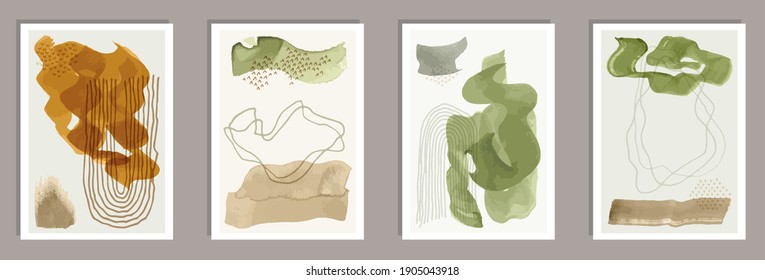 Watercolor original posters vector set. Watercolor blotches patterns. 60s style design. Youth artwork templates. Doodle elements.