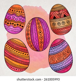 Watercolor ornamental Easter eggs set. Hand drawn vector