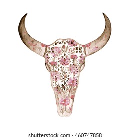 Watercolor ornamental skull with peony pattern. Decoration motif for tattoo, wallpaper, wrapping, cards, halloween decor. Vector illustration