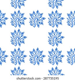 Watercolor ornate seamless background. Highly detailed sketched oriental motif,blue and white hand drawn abstract floral ethnic pattern.Gorgeous texture for textile, wallpapers, covers,wrapping.