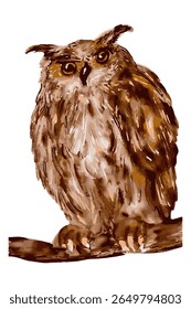 Watercolor Owl Illustration on White Background. Hand Painted Brown Owl Perched on Branch. Realistic Owl Artwork with Detailed Feathers. Wildlife Bird Drawing in Watercolor Style