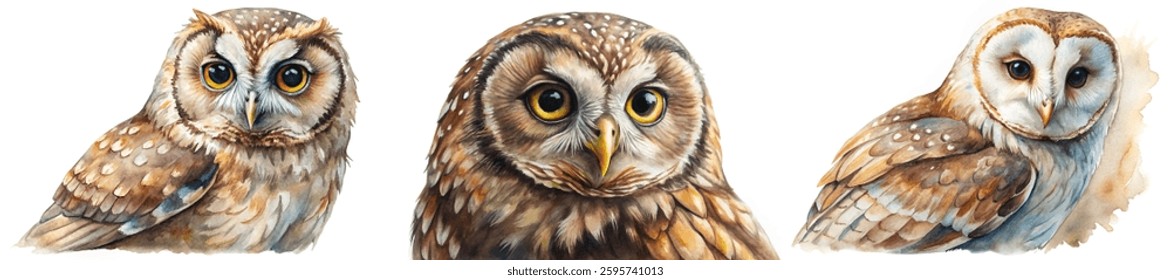 Watercolor owl illustrations, realistic bird portraits, detailed feathers, vibrant colors, nature art, wildlife depiction.