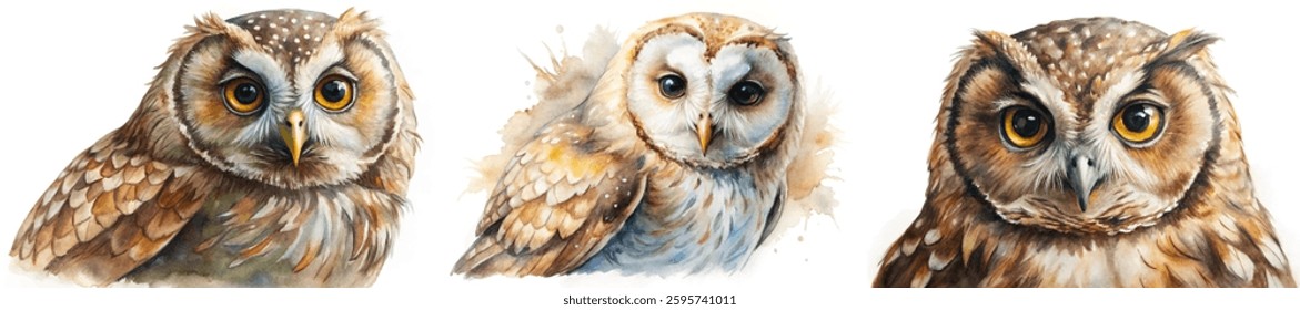 Watercolor owl portraits, detailed bird illustrations, wildlife art, nature-inspired design, animal lovers, decorative prints.