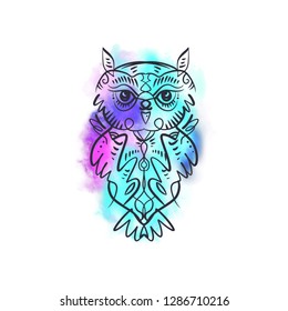 Watercolor owl tattoo. Boho tribal style. Line ethnic ornaments. Poster, spiritual art, symbol of wisdom. Antistress art