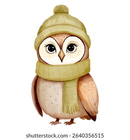Watercolor owl in warm winter clothes. Hand painted illustration on white background