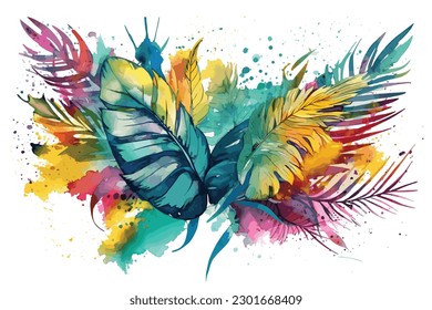 watercolor painding colorful splashes on white floral background flower leaf 