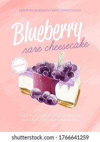 Watercolor paining in retro style of ิblueberry rare cheesecake.  Design for printing, postcard, menu, and others. Vector illustration.