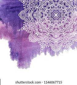 Watercolor paint background with white hand drawn round doodles and mandalas. design of backdrop