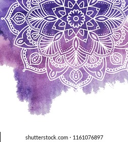 Watercolor paint background with white hand drawn round doodles and mandalas. design of backdrop