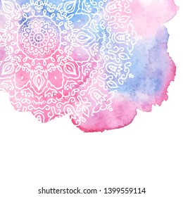 Watercolor paint background with white hand drawn round doodles and mandalas. design of backdrop