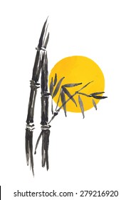 Watercolor paint bamboo and moon, Isolated on white background.