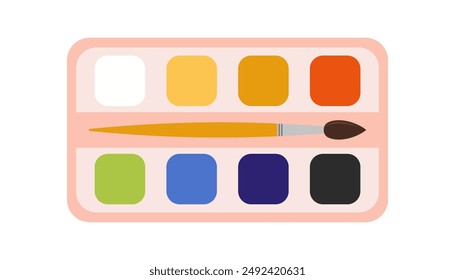 Watercolor and paint brush, color palette. Painting tools element.  Trendy modern vector illustration isolated on white in flat design 