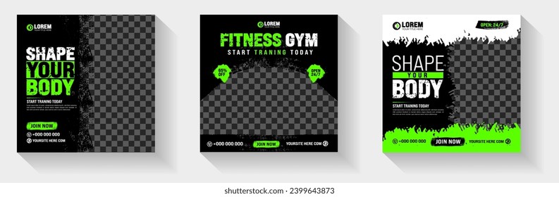 watercolor paint brush strokes texture Fitness gym social media post banner template with black and green color. Grunge brush stroke effect Workout fitness and Sports social media post banner bundle.