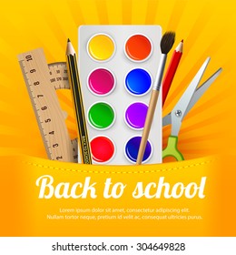 Watercolor paint, crayons, scissors,  ruler and protractor, on the yellow background with  "back to school" text.  Bright, colored   concept advertising banner or flyer to the school subject