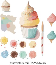 watercolor paint cupcake vector cream