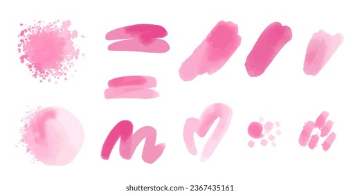 Watercolor paint. Pink paintbrush splash shapes. Poster banner and card decorative isolated elements. Blots or scribbles. Abstract smears. Brushstroke underlines and backgrounds textures, vector set