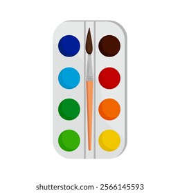 Watercolor paint set with brush. Art supplies vector illustration. Isolated on white background.