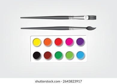 Watercolor paint set with colorful palette and paintbrushes. Ideal for creative projects, education, and painting.
