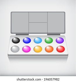 Watercolor paint set, isolated on white  background.    Vector illustration. 