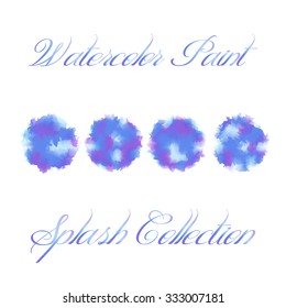 Watercolor paint splash vector collection in blue and purple colors. Set of ink stain texture isolated on white background. Paint brush texture in four different combination of blue and purple colors.