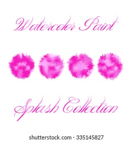 Watercolor paint splash vector collection in purple and pink colors. Set of ink stain texture isolated on white background. Paint brush texture in four different combination of feminine colors. 