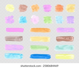 Watercolor paint stains and brush strokes set on transparent background, artistic abstract design elements for digital and print media.