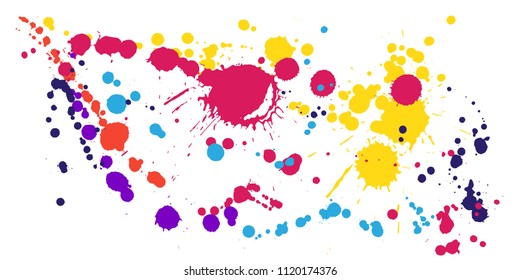 Watercolor paint stains grunge background vector. Graphic ink splatter, spray blots, dirty spot elements, wall graffiti. Watercolor paint splashes pattern, smear liquid stains splatter backdrop.