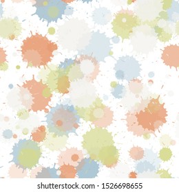 Watercolor paint transparent stains vector seamless wallpaper pattern. Decorative ink splatter, spray blots, dirty spot elements seamless. Watercolor paint splashes pattern, smear fluid splats.