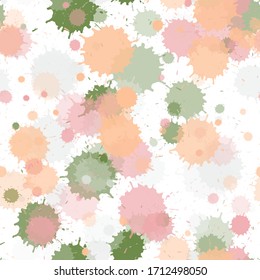 Watercolor paint transparent stains vector seamless grunge background. Colored ink splatter, spray blots, dirty spot elements seamless. Watercolor paint splashes pattern, smear fluid splats.