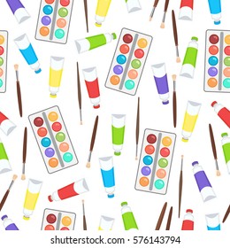 Watercolor, paint in tubes and brush seamless pattern, art background. Vector multicolored art supplies on white backdrop