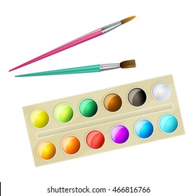 watercolor paintbox and brushes for children. vector illustration