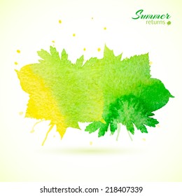 Watercolor painted banner of summer leaves. Vector.