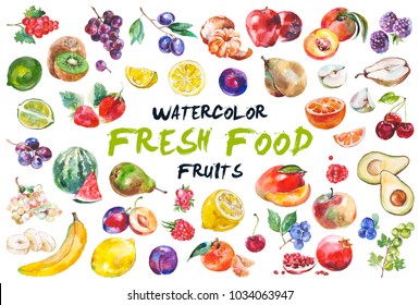 Aquarellfarbene Obstsammlung. Handgezeichnete, frische Lebensmitteldesign-Elemente einzeln auf weißem Hintergrund.
