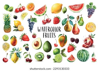 Watercolor painted collection of fruits. Hand drawn fresh food design elements isolated on white background.