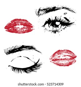 Watercolor painted eyes and lip imprint. Vector fashion illustration set. Stylish design for your invitation, magazine and other.