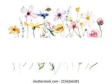 Watercolor painted floral frame on white background. Blue, pink and yellow wild flowers, branches, leaves and twigs.