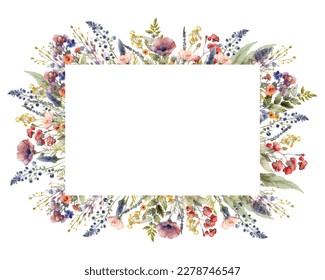 Watercolor painted floral frame on white background. Blue, pink and yellow wild flowers, branches, leaves and twigs.