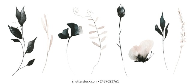 Aquarell gemalt Blumenset von schwarz, rosa Wildblumen, Kräuter, Spikelets, Äste, Zweige, Schmetterling. Handgezeichnete Illustration. Abgezeichnete Vektor-Aquarell-Clipart-Zeichnung.