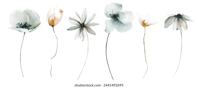 Watercolor painted floral set of blue, orange, gray poppy, chamomile, daisy wild flowers. Hand drawn illustration. Traced vector watercolour clipart drawing.