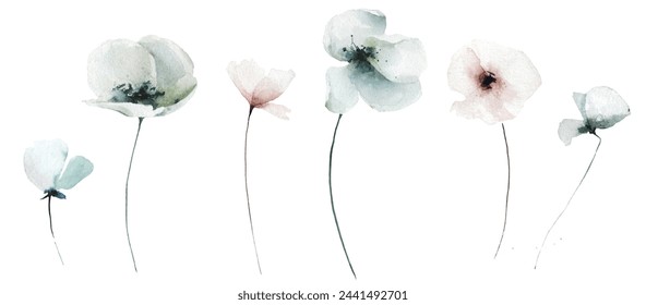 Watercolor painted floral set of blue, gray, pink poppy, rose, peony flowers. Hand drawn illustration. Traced vector watercolour clipart drawing.