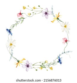 Watercolor painted floral wreath on white background. Yellow, blue, white and pink wild flowers. Vector illustration.