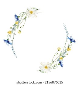 Watercolor painted floral wreath on white background. Yellow, blue, white wild flowers. Vector illustration. - Shutterstock ID 2156876015