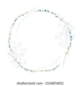 Watercolor painted floral wreath on white background. Branches with tiny blue flowers, leaves, transparent twigs. Vector