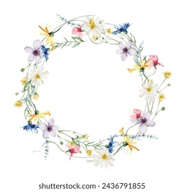 Watercolor painted floral wreath on white background. Yellow, blue, white and pink wild flowers. Circular shape frame. Traced vector illustration.