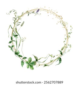 Watercolor painted floral wreath on white background.