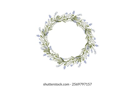 Watercolor painted floral wreath on white background. blue wild flowers. Circular shape frame. Traced vector illustration.eps